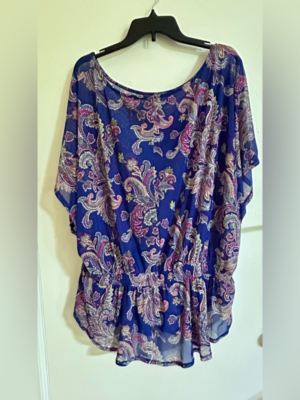 Pure Energy Peplum Tunic Blouse Size 3 Plus Navy Pink Paisley Top Elastic Sheer - Picture 2 of 12